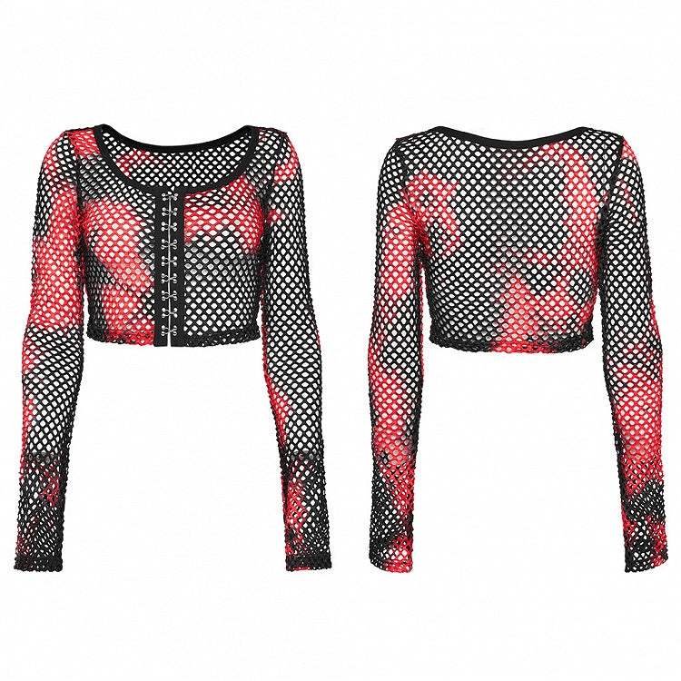 Black and Red Punk Tie-dyed Mesh Long Sleeve T-shirt