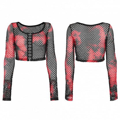 Black and Red Punk Tie-dyed Mesh Long Sleeve T-shirt