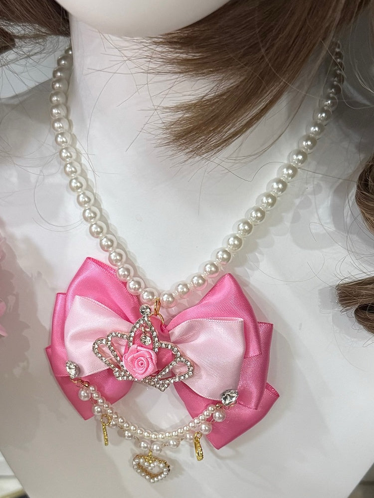 Black/Pink Rhinestone Crown Decorated Bowknot And Heart Pendant Beaded Necklace