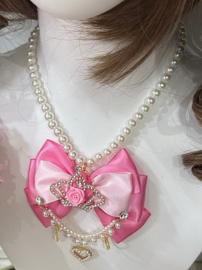 Black/Pink Rhinestone Crown Decorated Bowknot And Heart Pendant Beaded Necklace