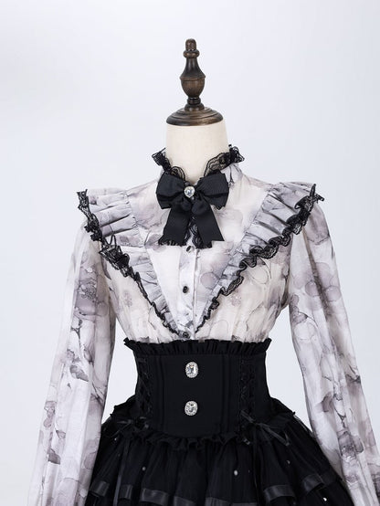 Elegant Gray Floral Jirai Kei Blouse