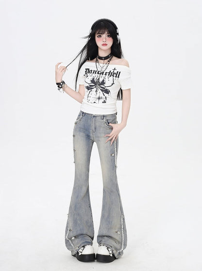 Blue Raw Hem Vintage Glamorous Flared Jeans