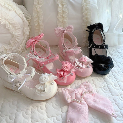 Elegant White Lolita Wedge Mary Janes - Detachable Rose Details with Bow Accents & Beads Decor