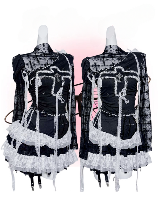 Gothic Black Illusion Neckline Contrast Lace Trim Cross Pin Design Top
