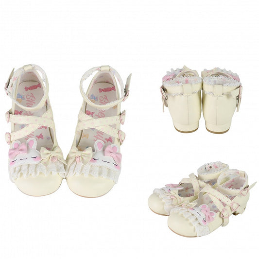 Yellow Polka-dot Pattern Crisscross Design Bowknot Details Bunny Applique Lace Trim Sweet Lolita Shoes