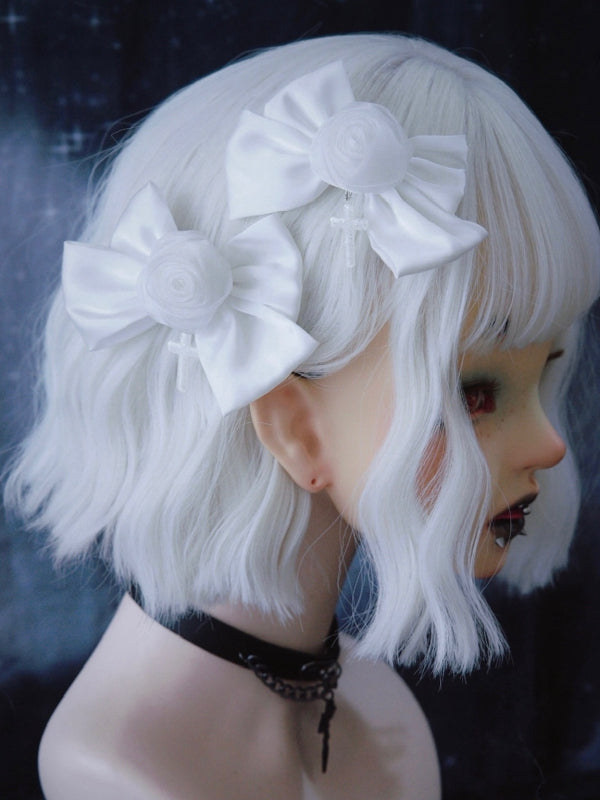 Cross Charm Gothic White Rose Bowknot Hairclips