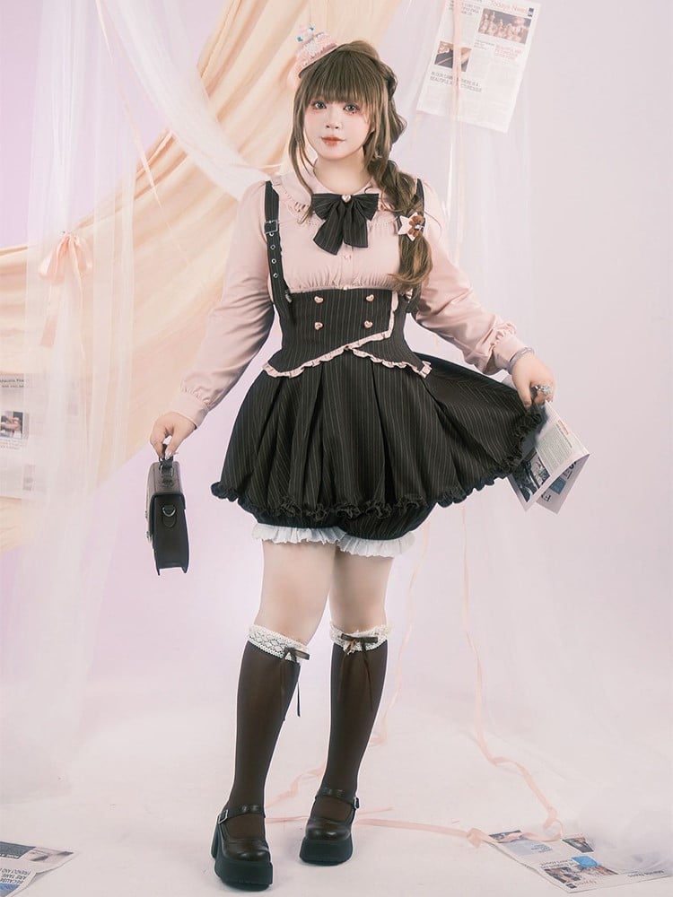 Plus Size Black Striped Ruffled Trim Set: Overall Skirt with Adjustable Straps & Elastic Waist Bloomers