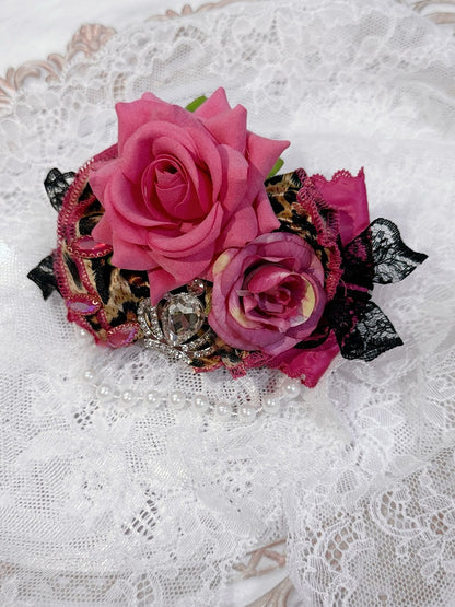 Black&Rose Pink Floral Design Rhinestone Crown Decorated Hairclip