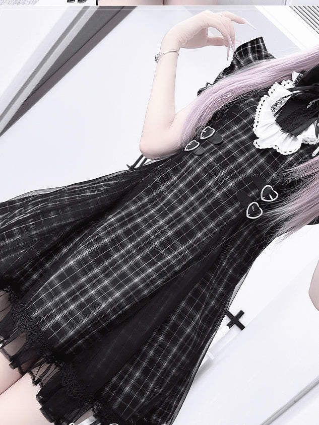 Jirai Kei Flutter Sleeves Heart Buckles Waist Black Plaid Dress with Mesh Overlay