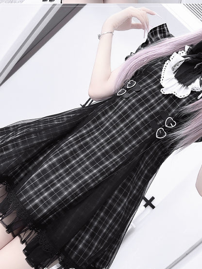 Jirai Kei Flutter Sleeves Heart Buckles Waist Black Plaid Dress with Mesh Overlay