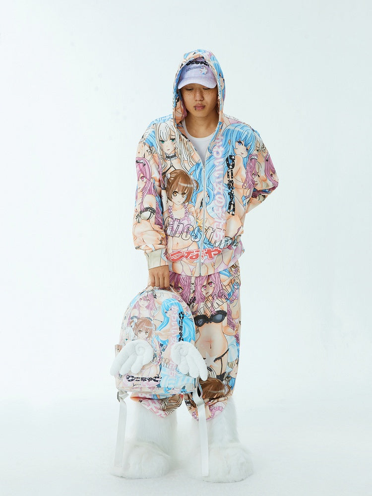 Colorful Cartoon Print PU Backpack with Angel Wings