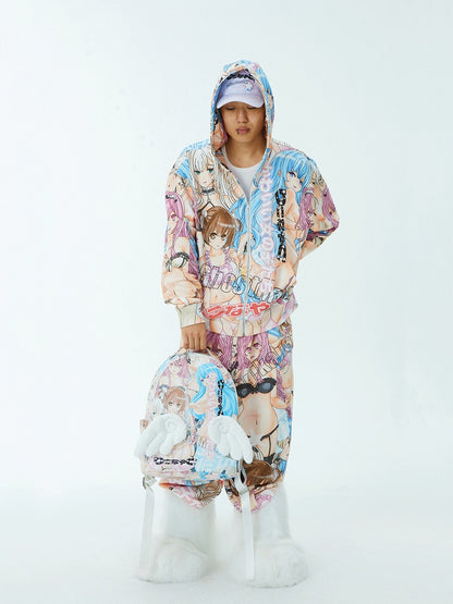 Colorful Cartoon Print PU Backpack with Angel Wings