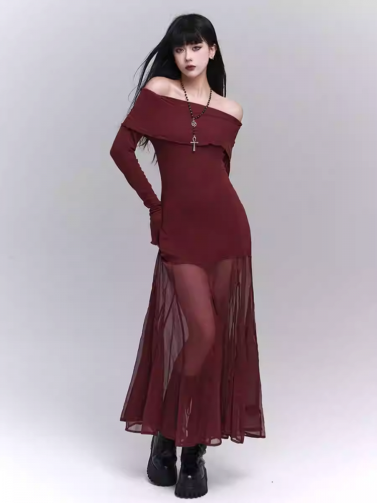 Wine Red Semi-sheer Off-the-shoulder Neckline Glamorous Dress