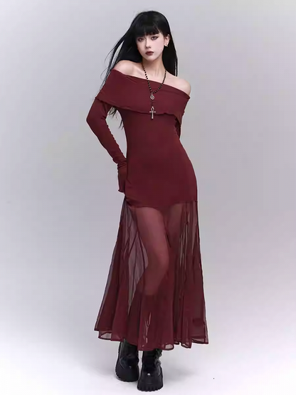 Wine Red Semi-sheer Off-the-shoulder Neckline Glamorous Dress