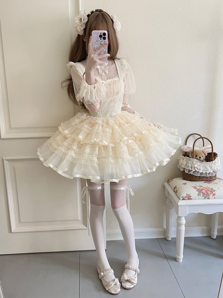 Apricot Bows Print Basque Waist Balletcore Lolita Jumper Skirt