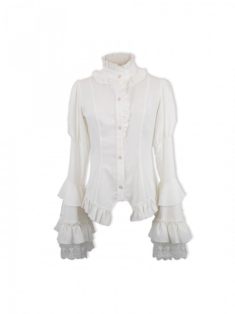 White Ruffle Neckline Gothic Bell Sleeves Shirt