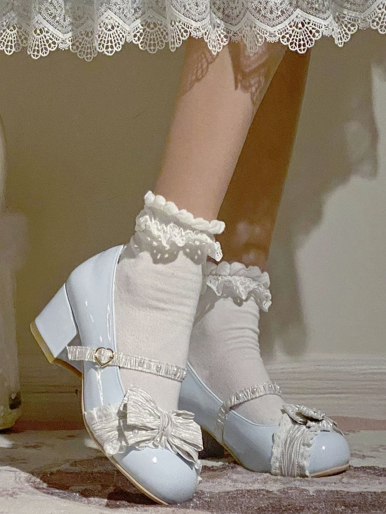 Blue&White Beaded Decorated Bow at Top 2.5CM/5CM Block Heels Round Toe Shoes