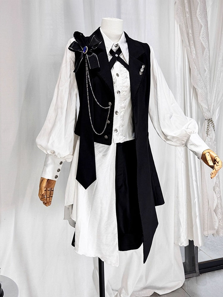 Ouji Lolita White and Black Eight-Piece Set - Asymmetrical Design Waistcoat + Shirt + Shorts + Matching Accessories