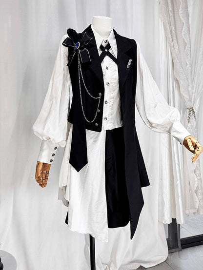 Ouji Lolita White and Black Eight-Piece Set - Asymmetrical Design Waistcoat + Shirt + Shorts + Matching Accessories