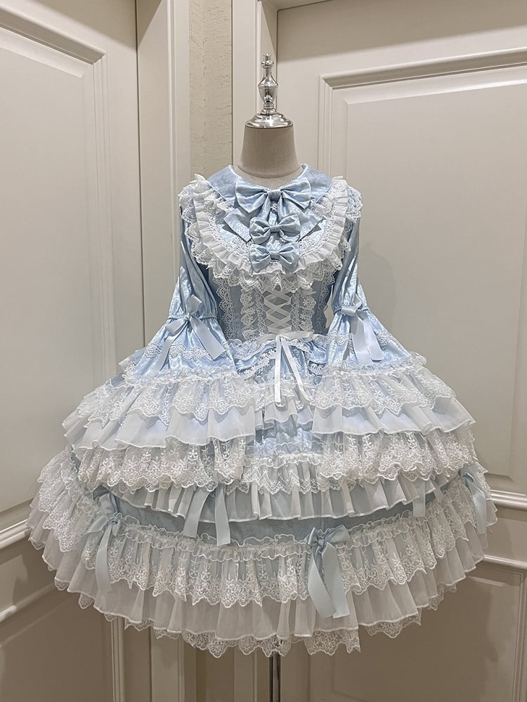 Blue Tiered Ruffle Skirt Bows Decorated Long Bell Sleeves Lolita Dress