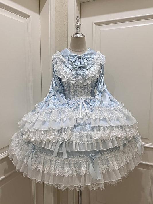 Blue Tiered Ruffle Skirt Bows Decorated Long Bell Sleeves Lolita Dress