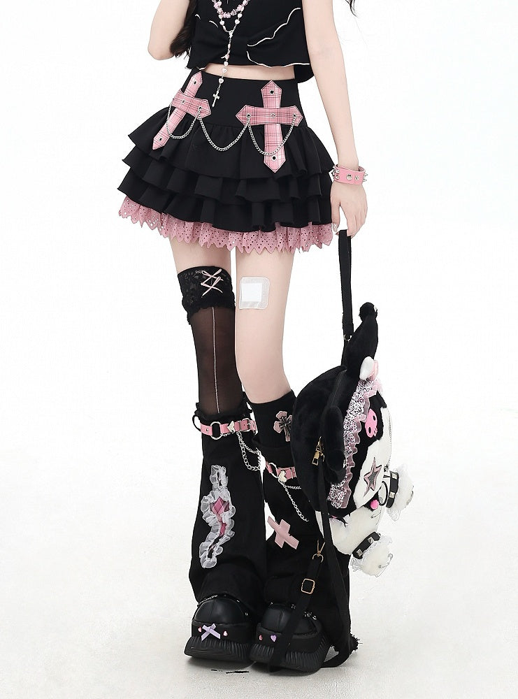 Chains Decorated Pink/Red Plaid Cross Appliques Lace Trim Tiered Skirt