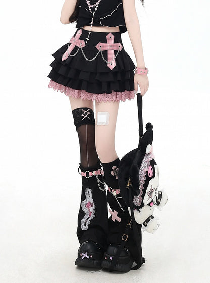 Chains Decorated Pink/Red Plaid Cross Appliques Lace Trim Tiered Skirt