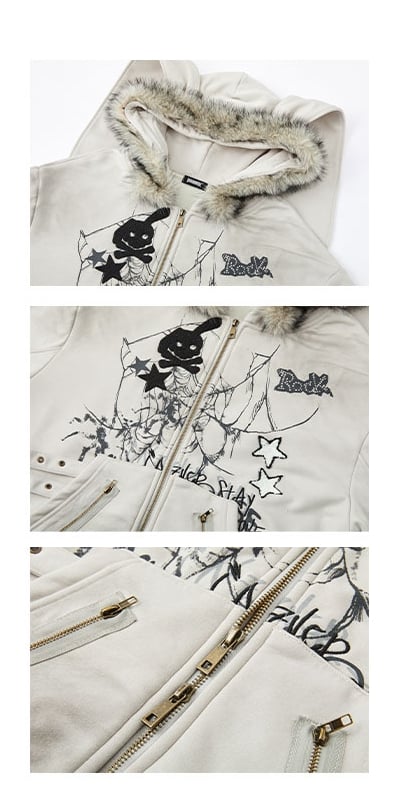 Spiderweb and Skeleton Print Gray Punk Rock Bunny Ears Fleece Zip Hoodie