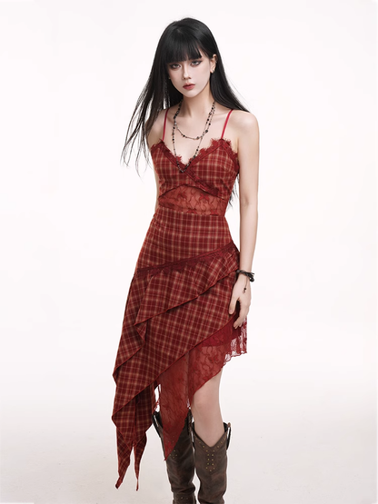 Red Plaid V-neck Handkerchief Hem Cutout Midriff Cami Dress