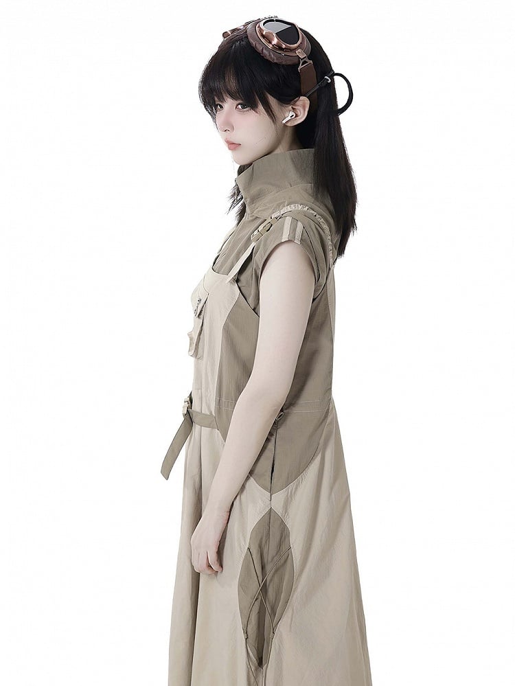 Khaki Colorblock Design Drawstring Hem Techwear Hooded Tank Top