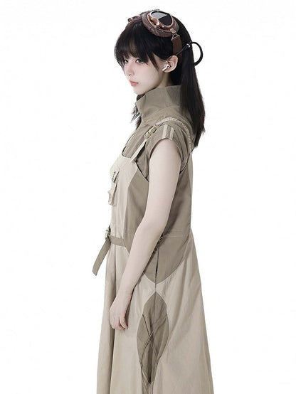 Khaki Colorblock Design Drawstring Hem Techwear Hooded Tank Top