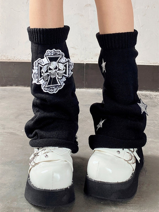 Cross Skulls Sequin Stars Details Leg Warmers Black/Red/White