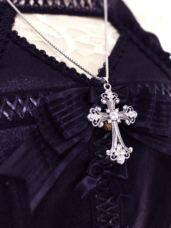 Punk Gothic Silver Baroque Rhinestoned Cross Pendant Necklace