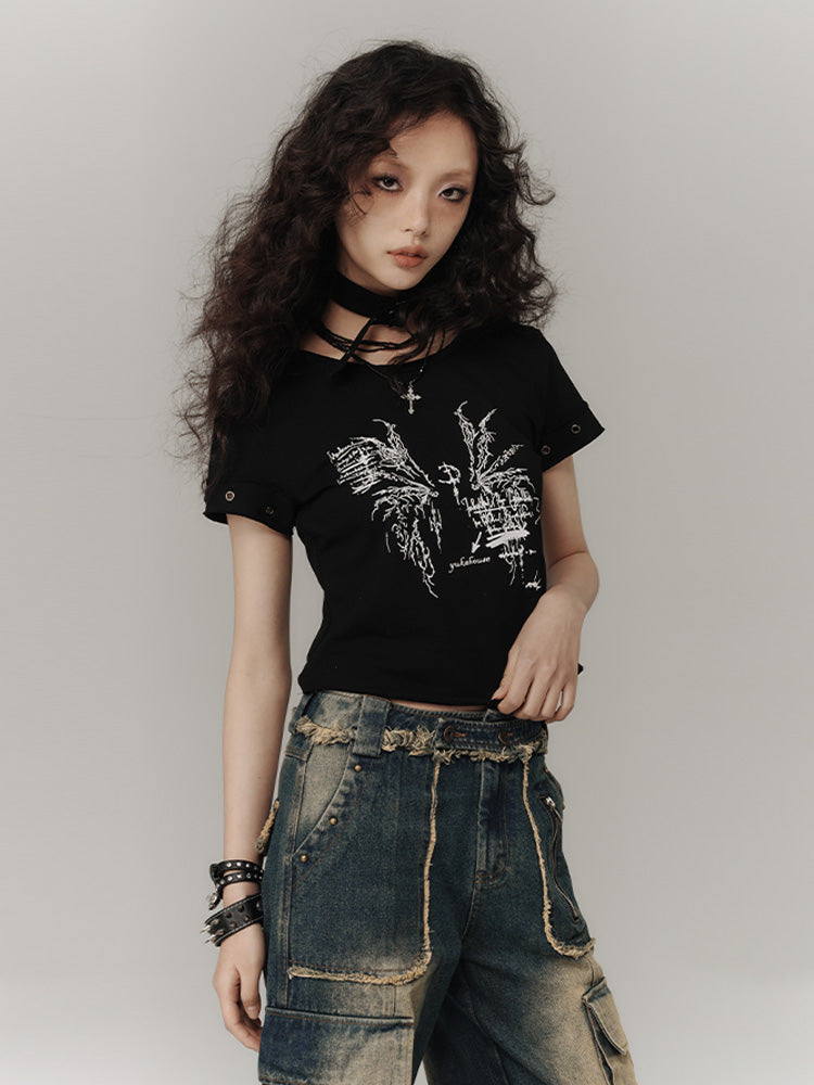 Black Wings Print Cotton Cropped T-shirt with Choker