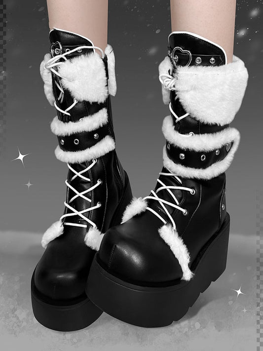 Heart Buckle White Plush Trim Black Y2K Platform Boots