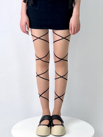 Nude/White Bowknot Print Crisscorss Banded Tights