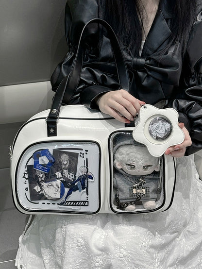 White & Black Contrast Trim Bread-shaped Ita Shoulder Bag