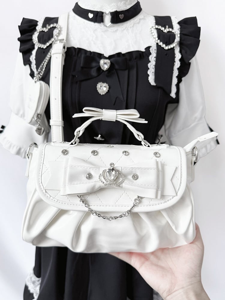 Detachable Rhinestone Strap & Crown-Embellished Bow Accent White Hand/Crossbody Bag in Jirai Kei