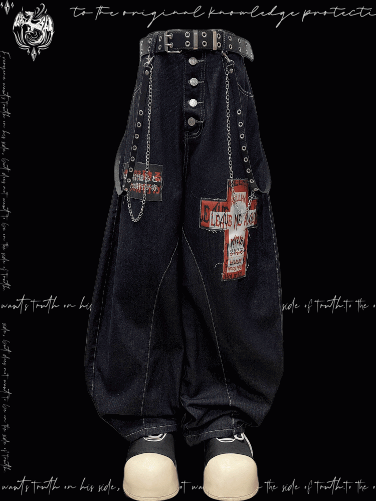 Cross Applique Dark Blue Buttons Fly Front Wide-leg Jeans