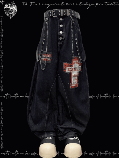 Cross Applique Dark Blue Buttons Fly Front Wide-leg Jeans