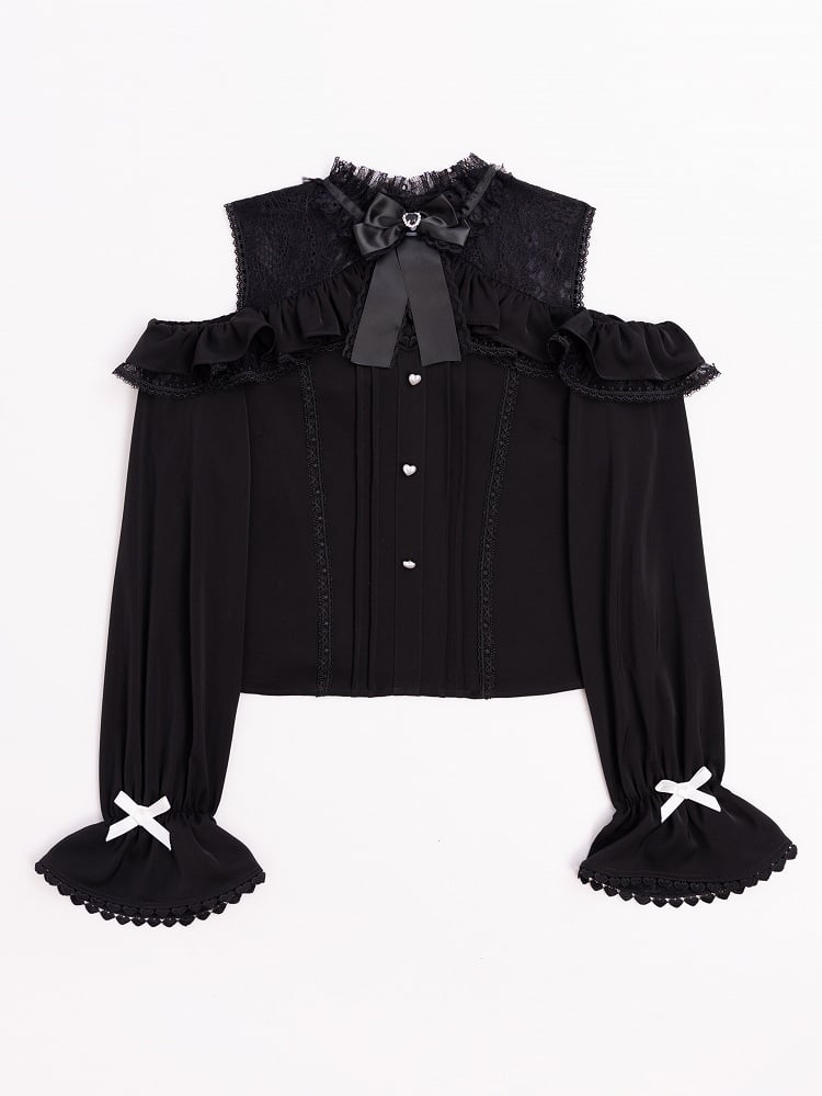 Jirai Kei Open Shoulders Long Sleeves Black Lace Blouse