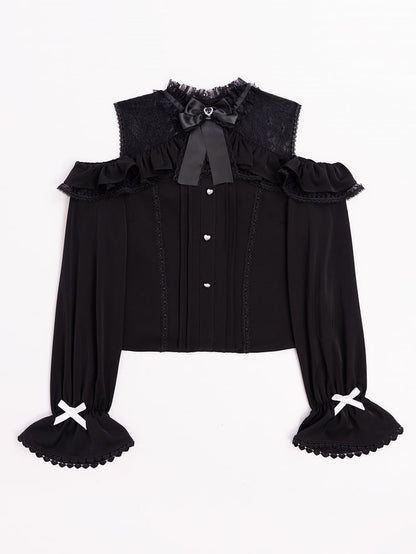 Jirai Kei Open Shoulders Long Sleeves Black Lace Blouse
