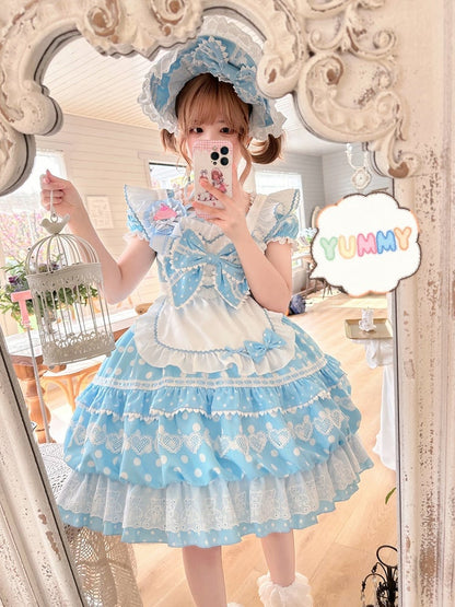 White Polka Dots Blue Square Neckline Lolita Short Sleeves Dress with Apron