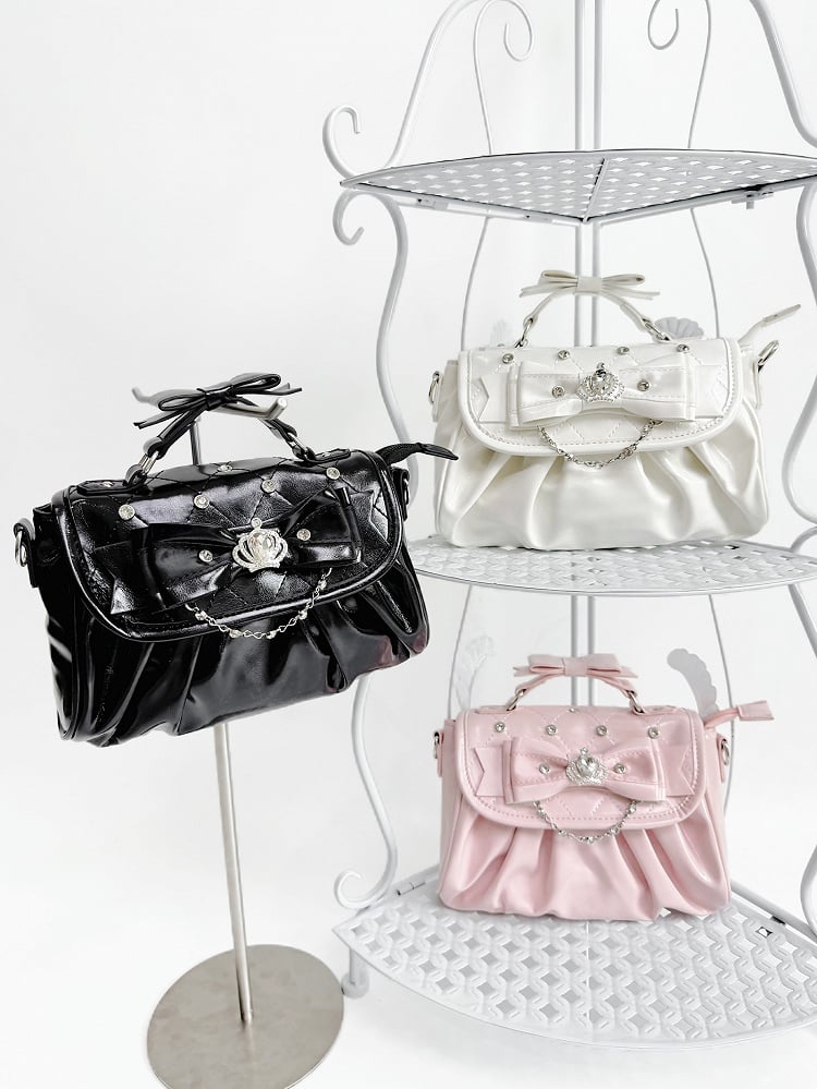 Black Jirai Kei Crossbody Bag - Interchangeable Rhinestone Strap & Crown Bow with Heart Bag