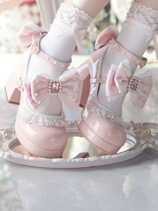 Polished Dusty Pink Detachable Rhinestone And Beaded Decorated Bowknot Lace Trim Platform High Block Heels