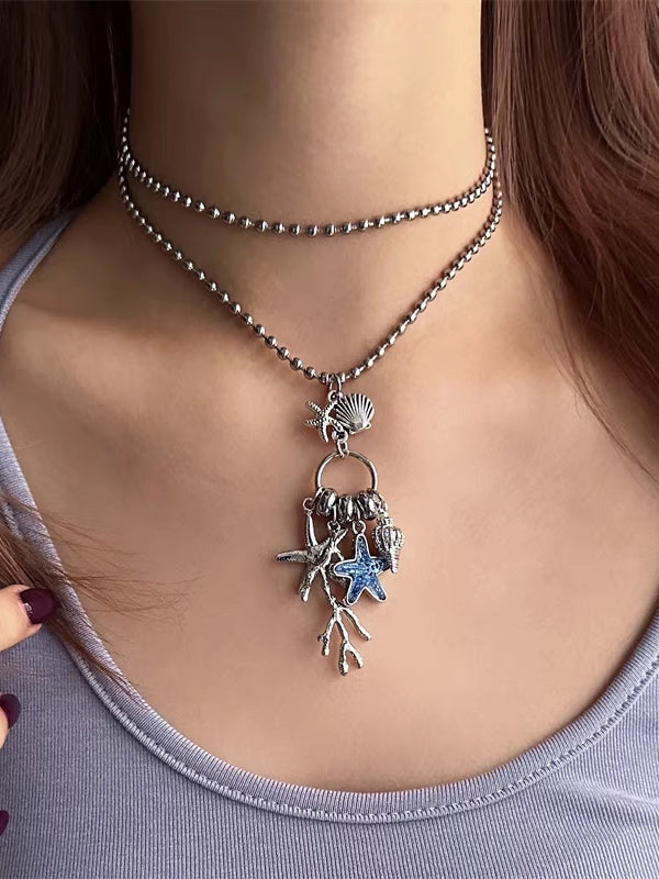 Blue Y2K Bittersweet Starfish Coral And Conch Pendant Necklace