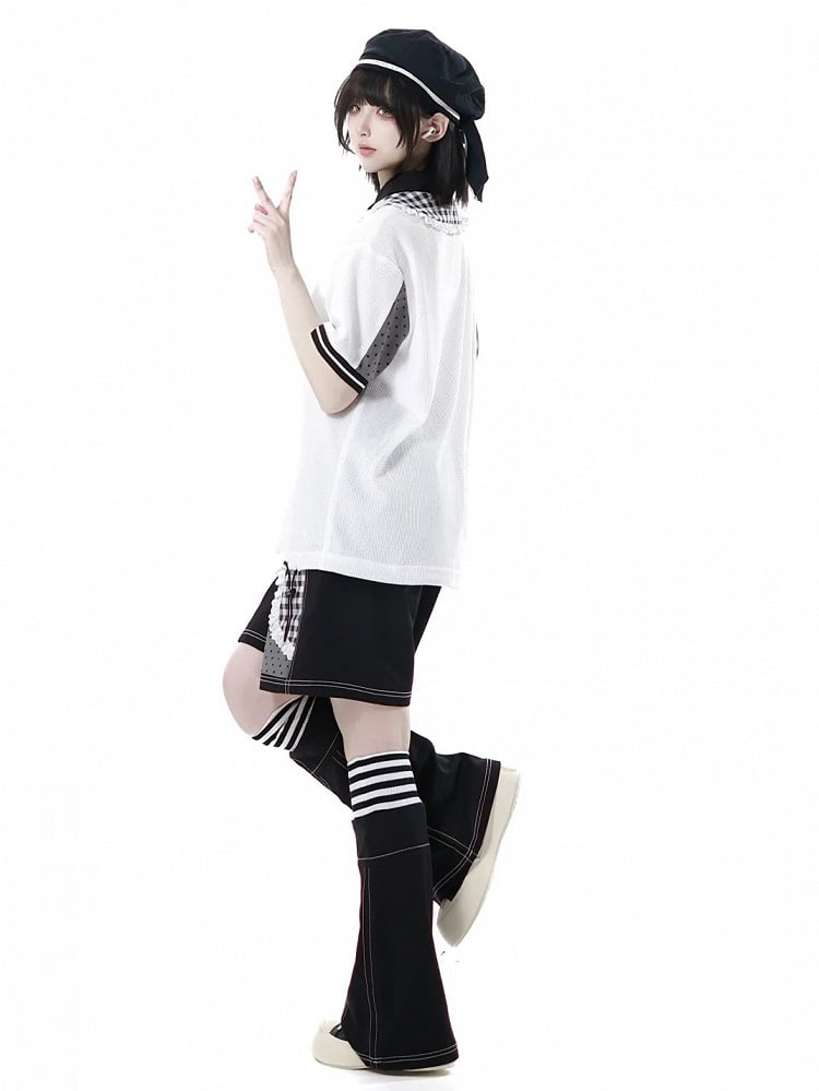 Double Layered Polo Collar Graffiti Panda Print White Waffle T-shirt