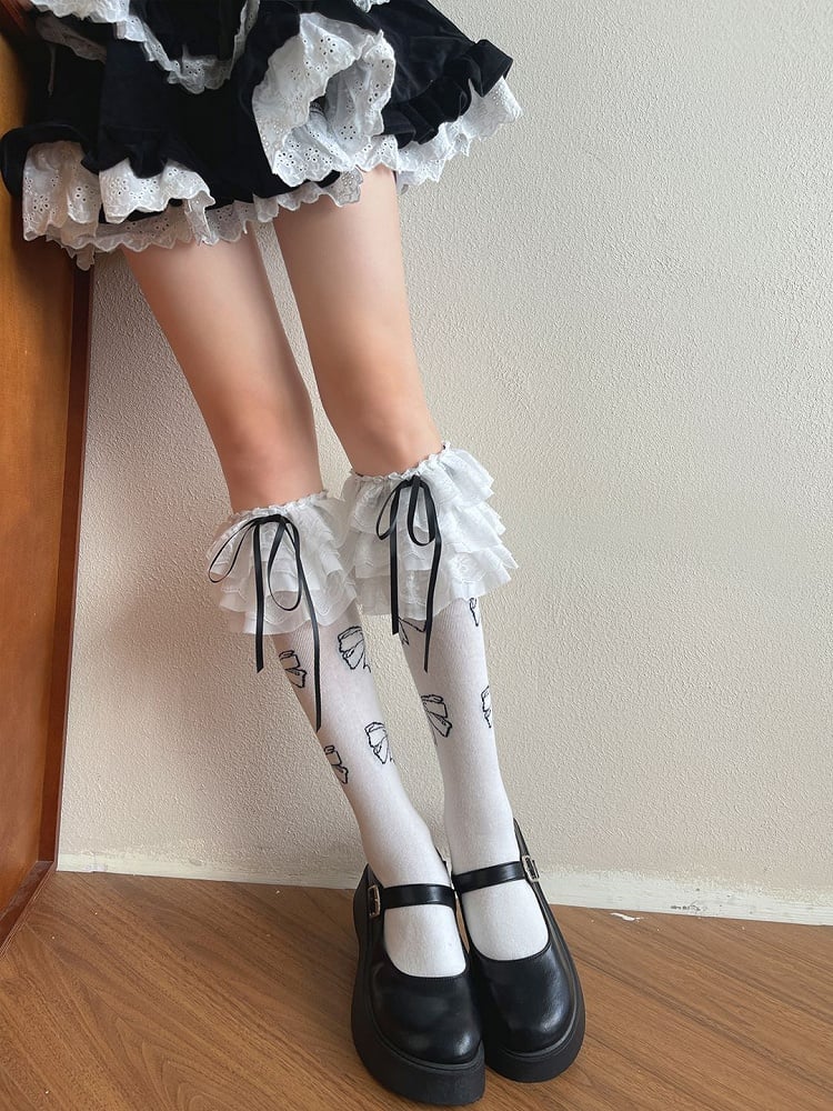 White/Black Bowknot Decorated Lace Trim Lolita Underknee Stockings