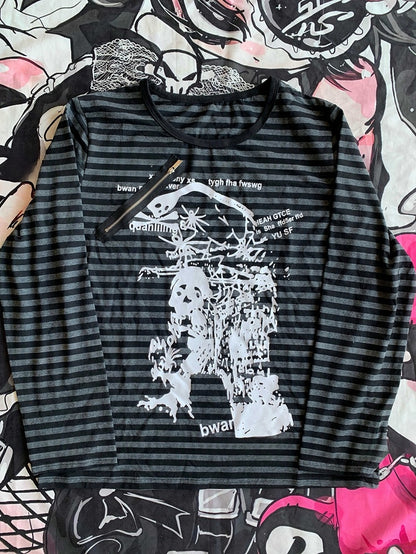 Black & Gray Stripe Pattern Skeleton Print Long Sleeves Punk T-shirt
