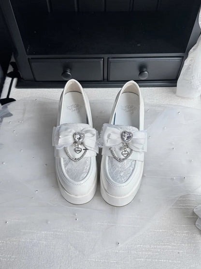 Jirai Kei White Platform Slip-Ons: 9.5cm Block Heel with Round Toe, Bow & Heart Rhinestone